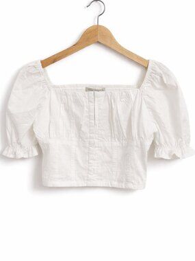 Active USA White Crop Top Medium Puff Sleeve Square Neck Hook Front Stretch